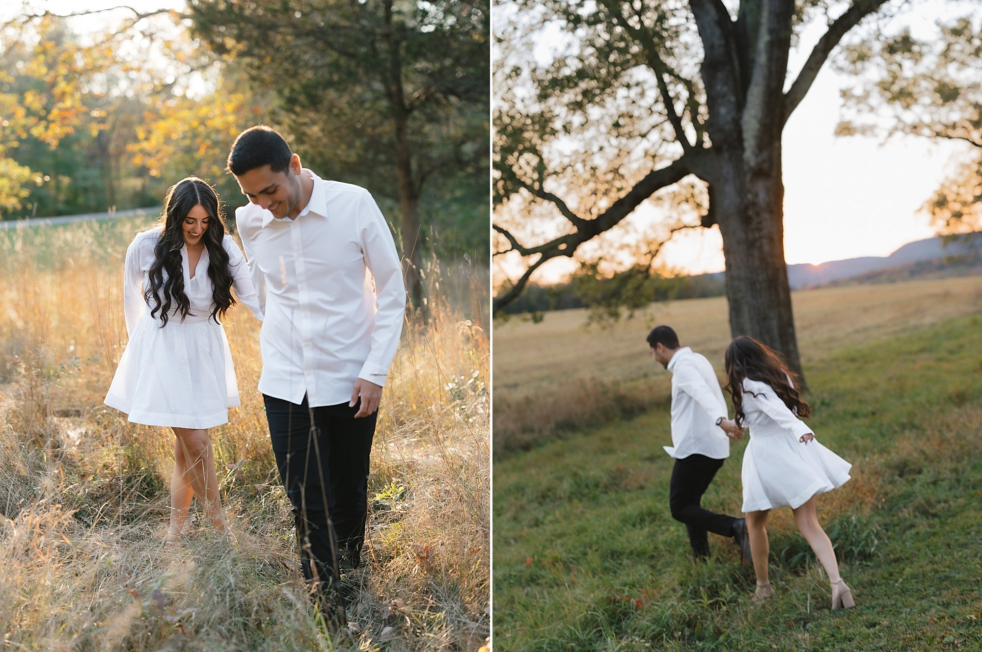 couple walks through grass and runs by trees in Testimonial Gateway Park