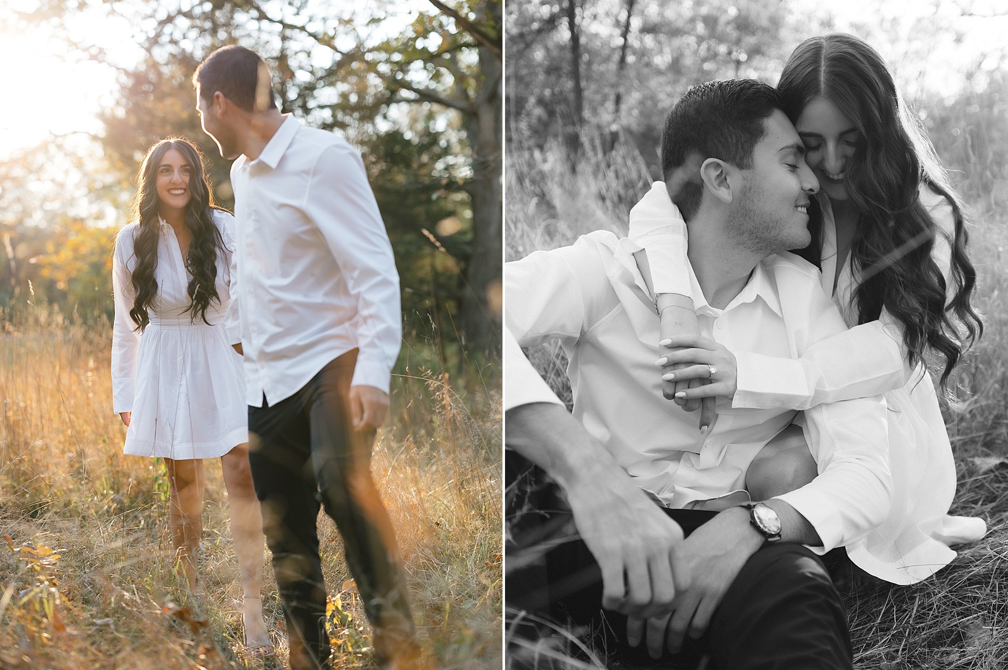 engaged couple hugs sitting together in fields of Testimonial Gateway Park