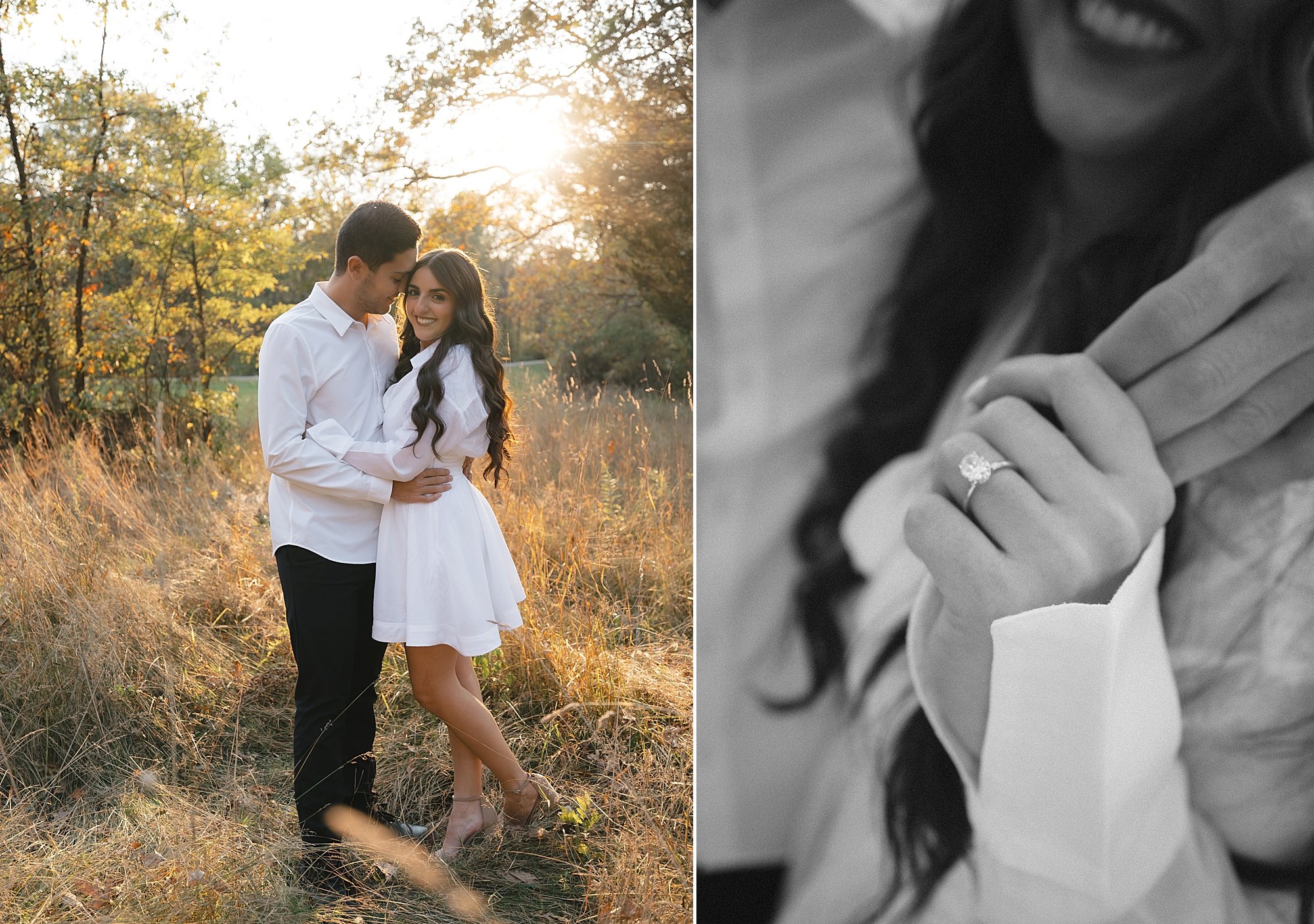 woman holds man's hand showing off her engagement ring