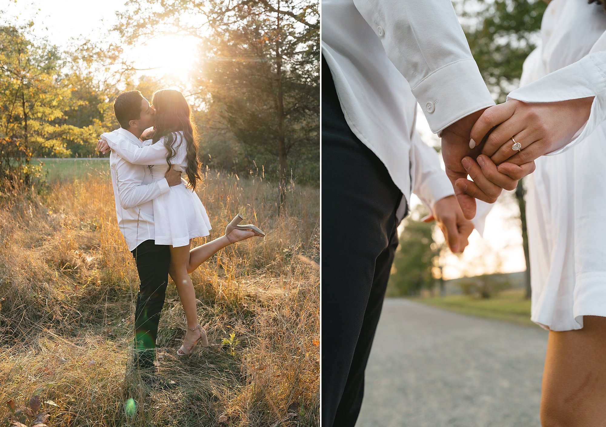 engaged couple holds hands in white shirts at Testimonial Gateway Park