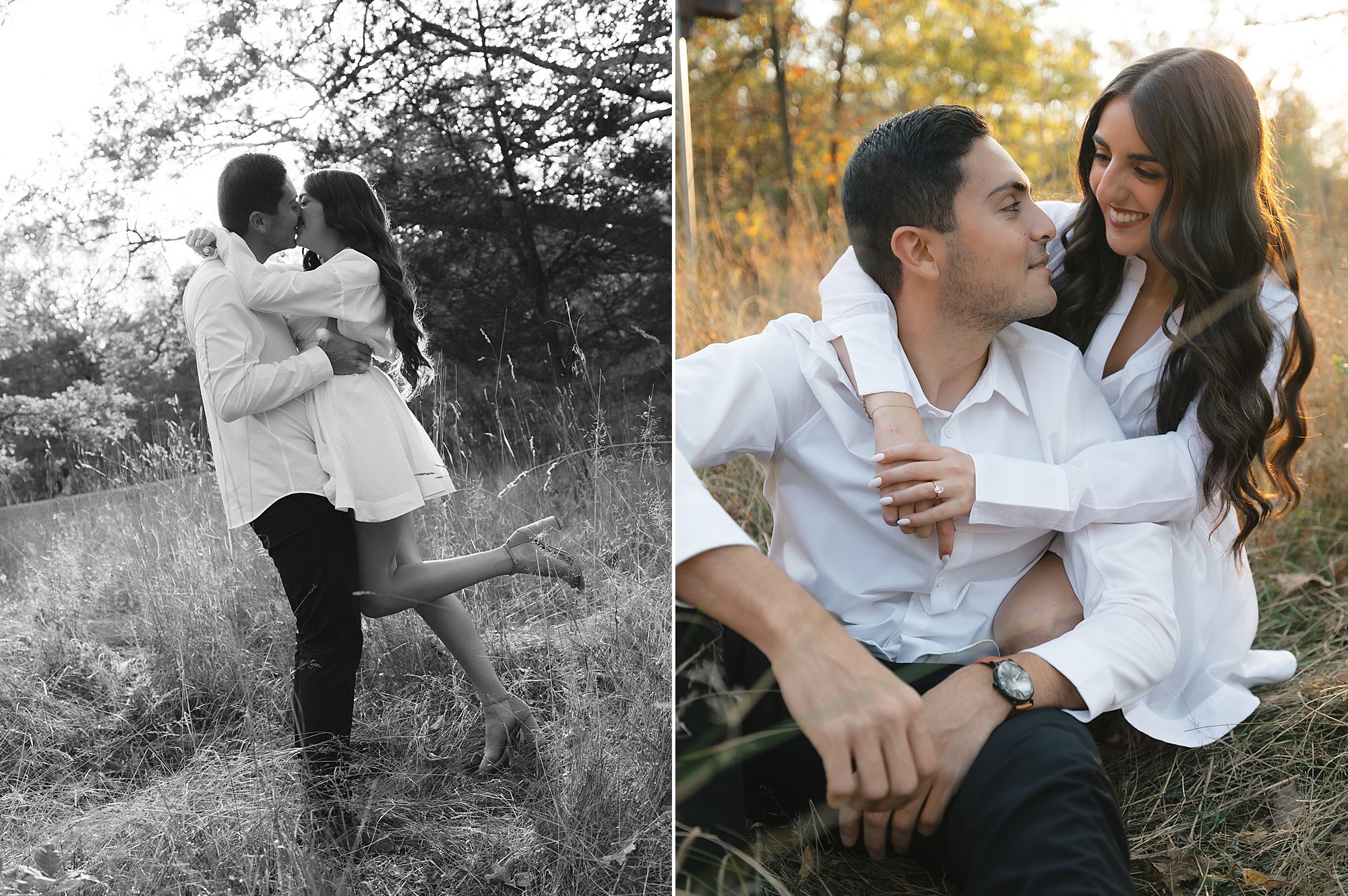 woman kneels behind man looking at him during engagement photos at Testimonial Gateway Park
