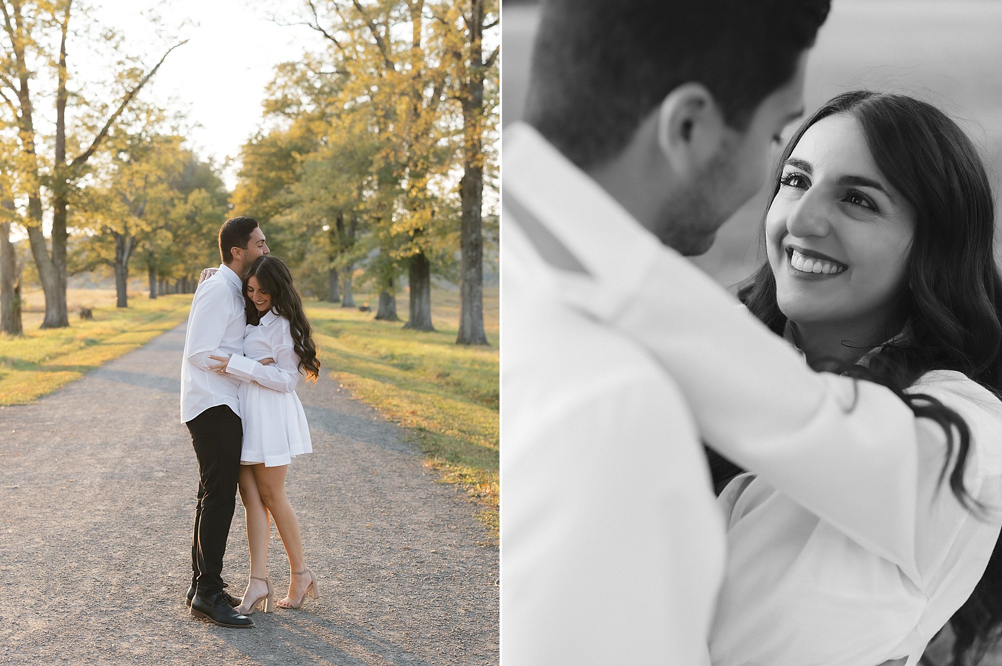 woman smiles up at man during fall engagement session in Westchester NY park