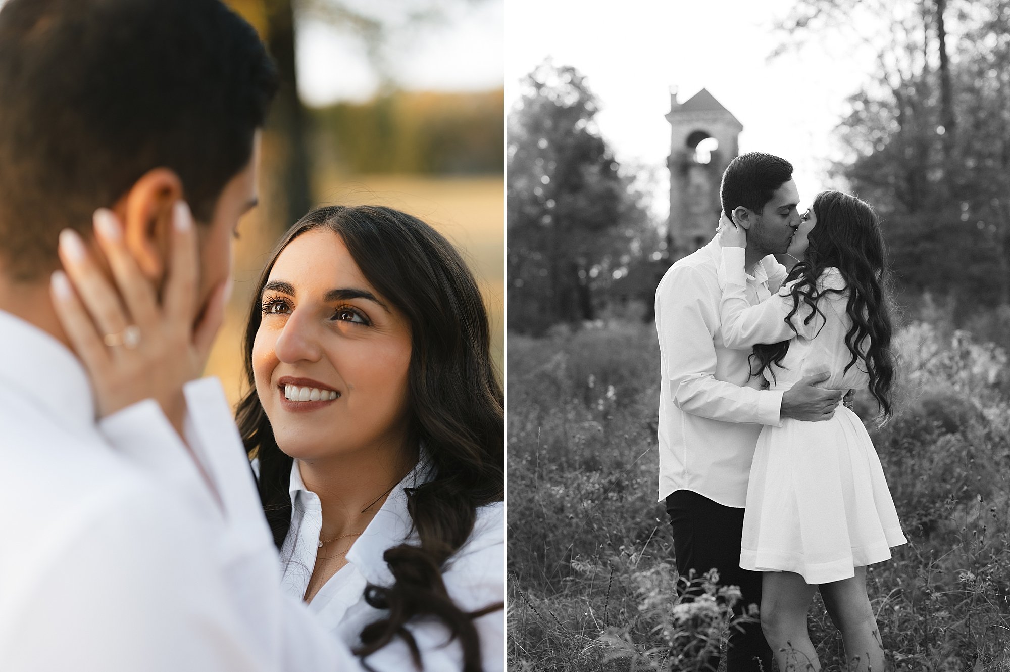 woman holds man's jaw and looks up at him showing off engagement ring