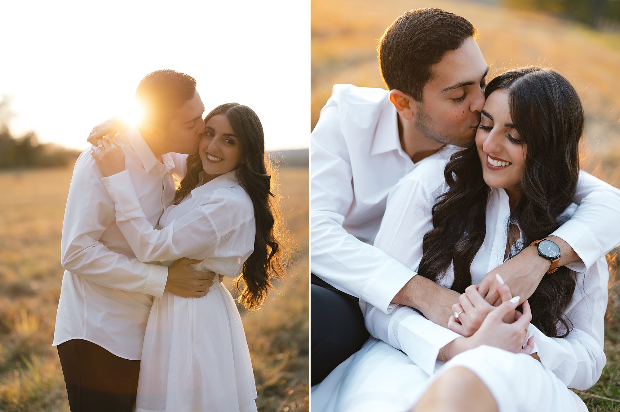 man hugs woman from behind sitting on the ground and kisses her forehead