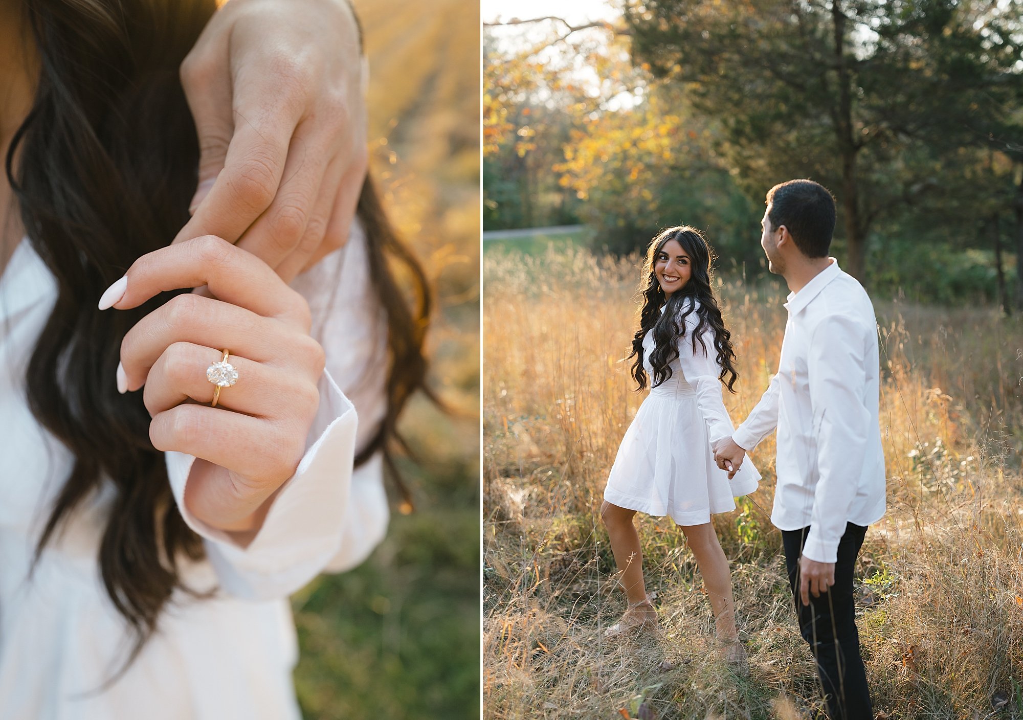 woman holds man's hand showing off diamond ring