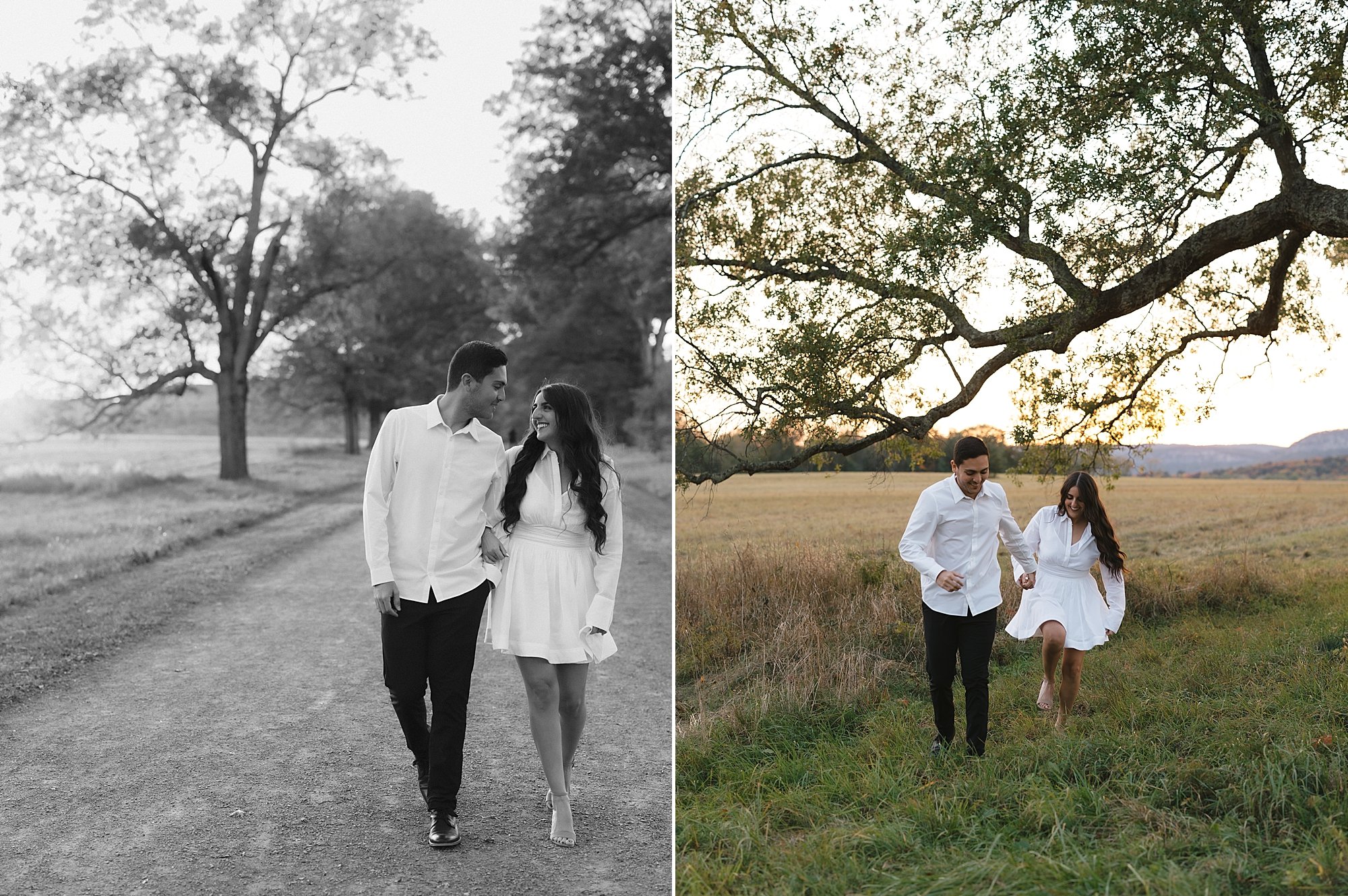 couple stands together under oak tree in field at Testimonial Gateway Park