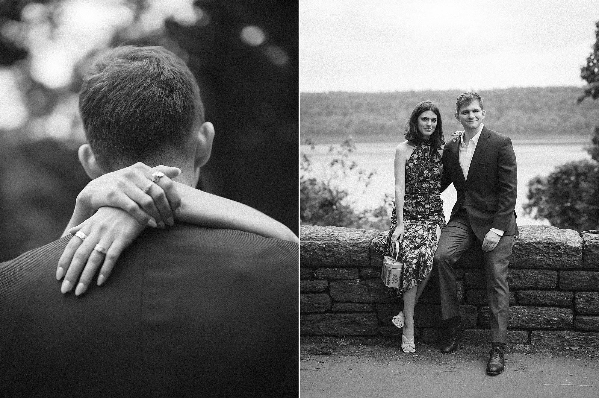 woman hugs man around neck showing off engagement ring