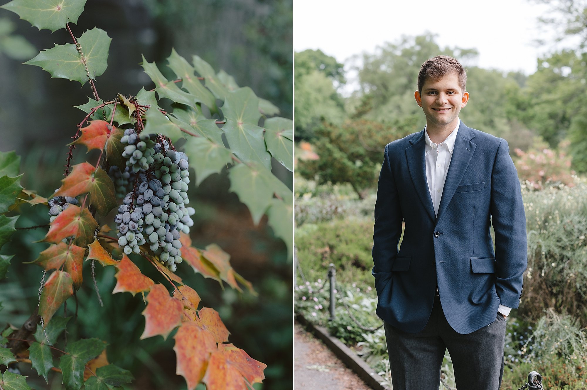 man stands in blue suit with hands in pockets next to photo of flowers from gardens in Fort Tryon Park