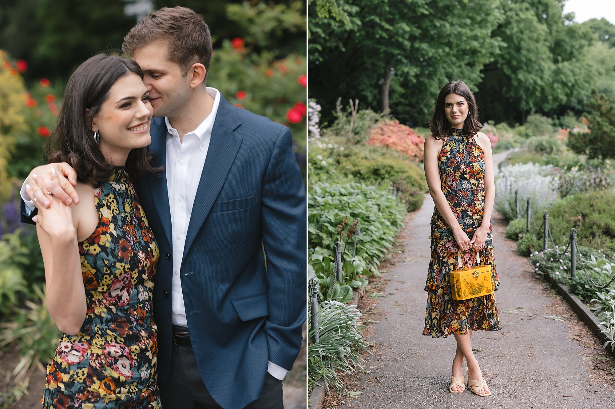 man in blue suit leans to nuzzle woman's cheek standing in gardens of Fort Tryon Park