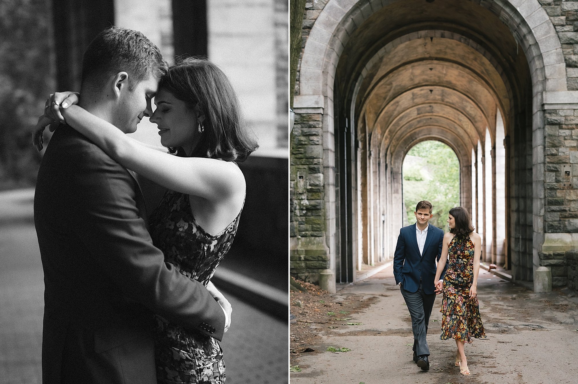 engaged couple hugs in archways of Billings Arcade in Fort Tryon Park