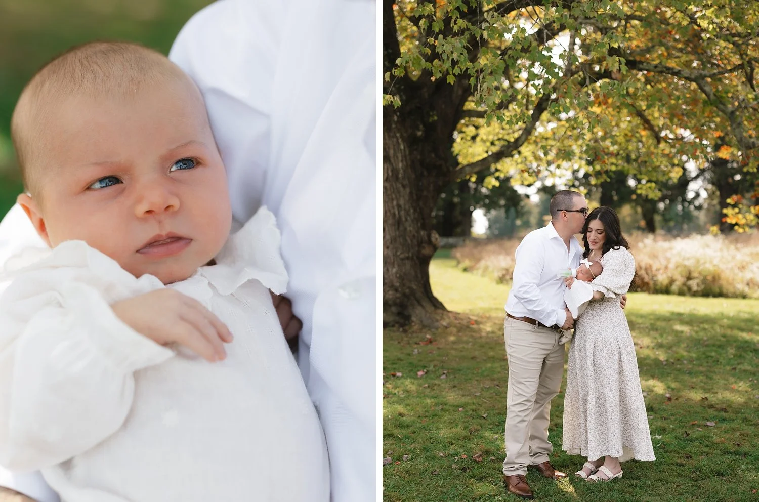 dad holds newborn daughter during Topsmead State Forest family portraits with Westchester family photographer