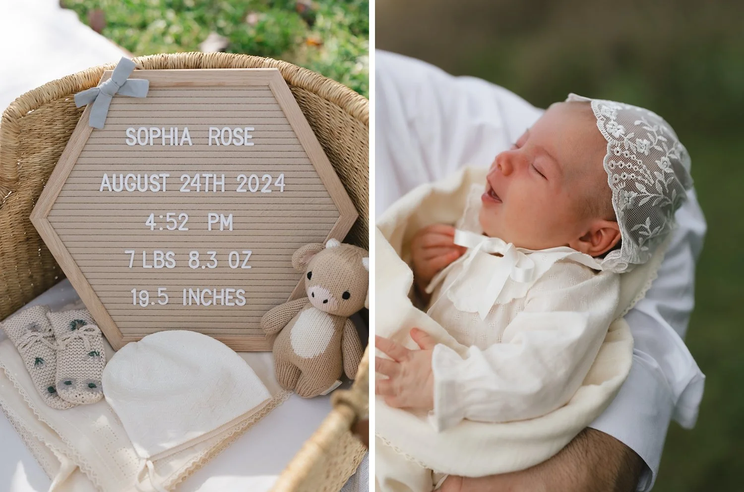 baby lays in dad's arms next to sign welcoming her arrival