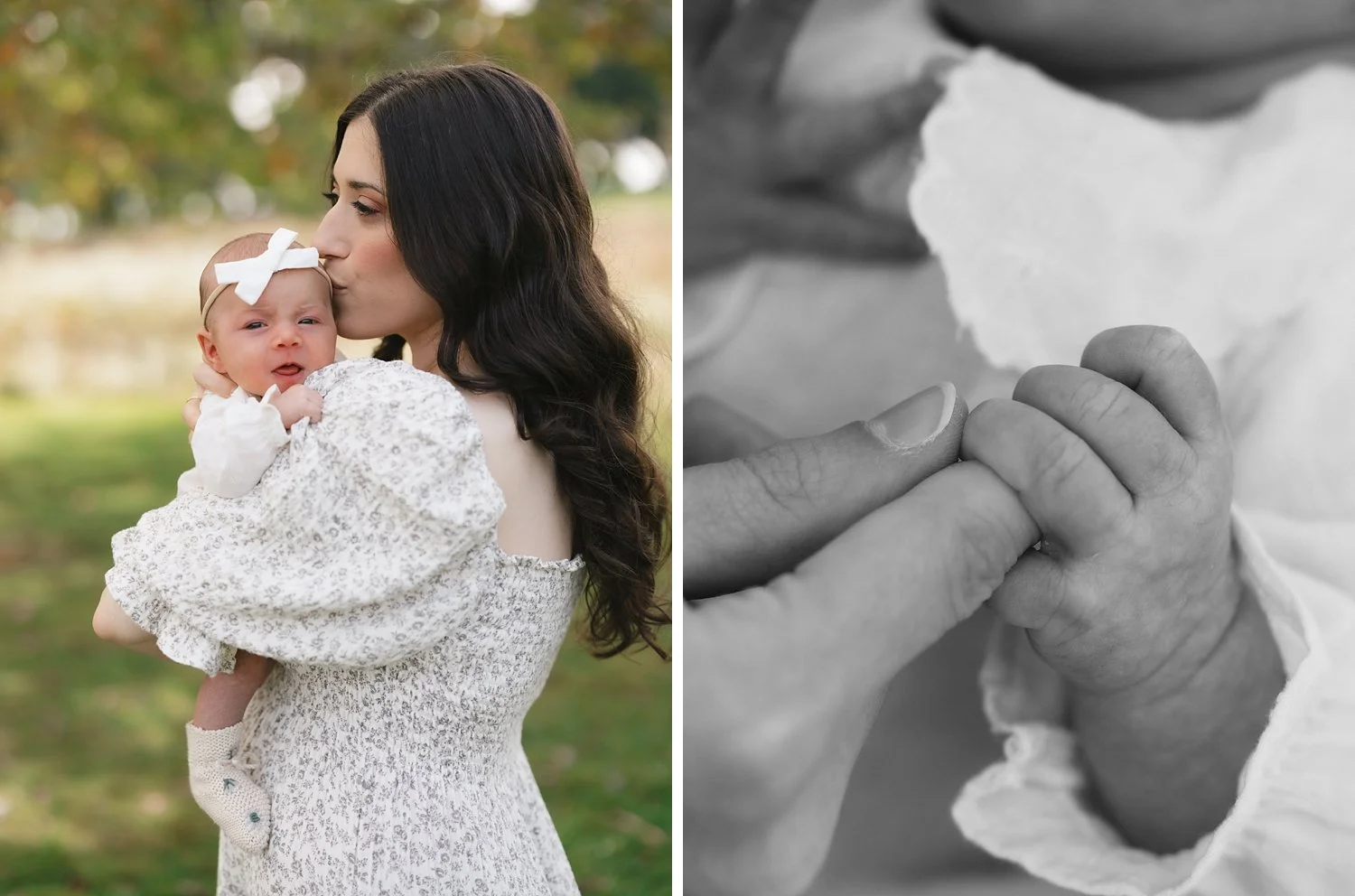 parent holds baby's tiny hands during family portraits at Topsmead State Forest