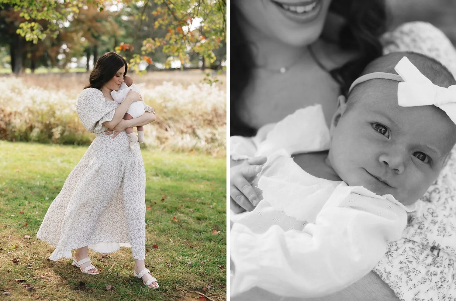 mother walks carrying newborn daughter during family portraits at Topsmead State Forest