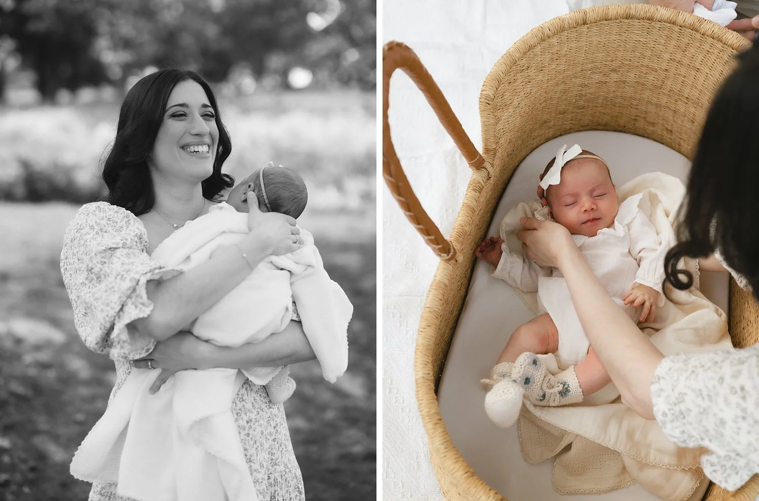 woman lays baby in Moses basket during family photos at Topsmead State Forest