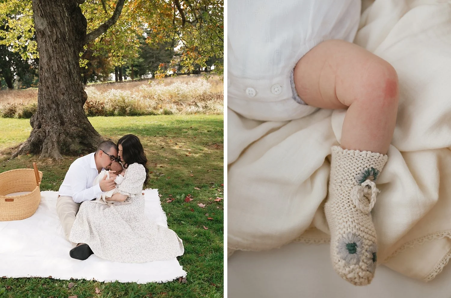 couple hugs looking at baby in mom's arms and closeup of baby's knit sock