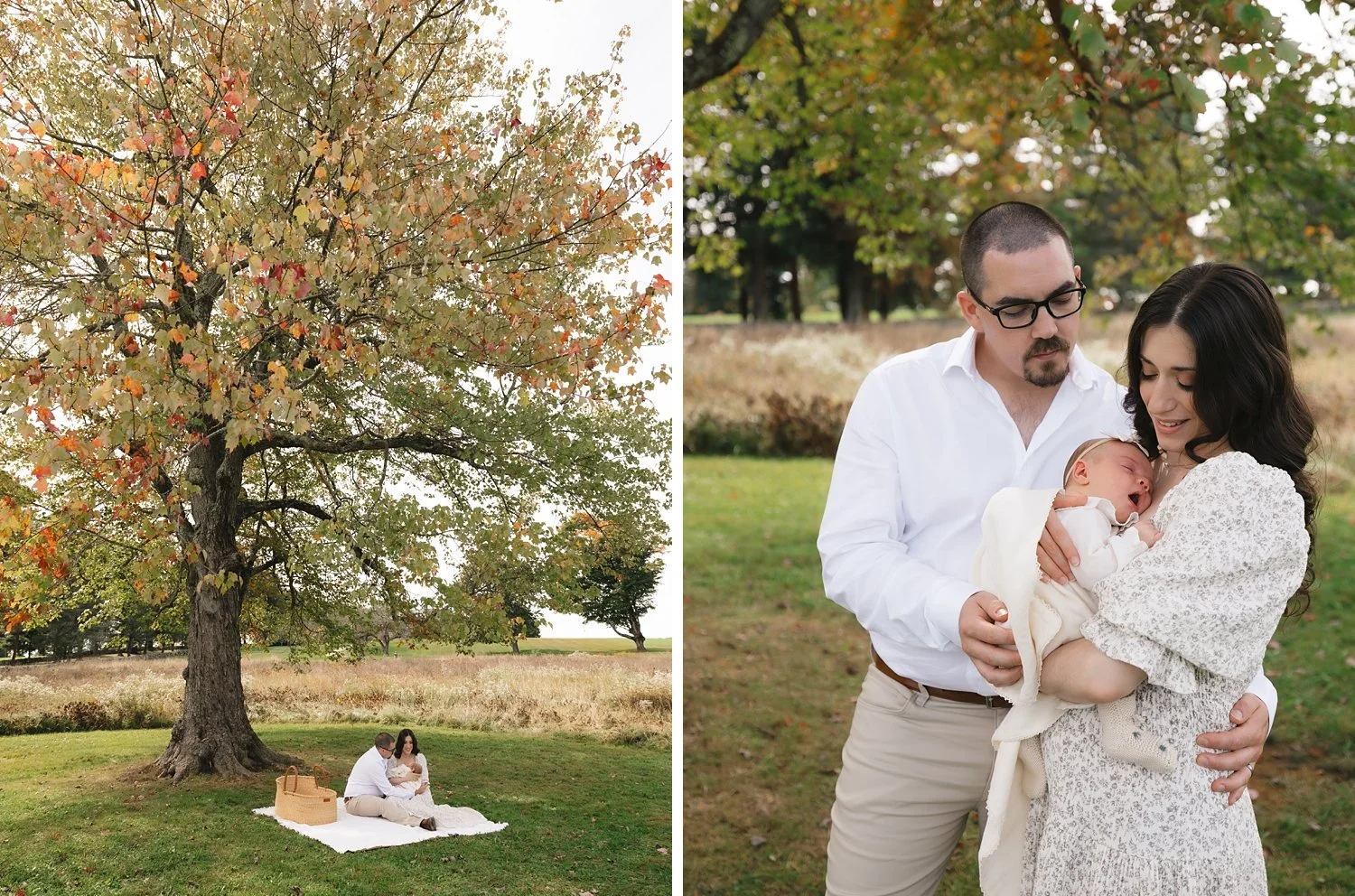 man hugs wife and daughter during family portraits at Topsmead State Forest