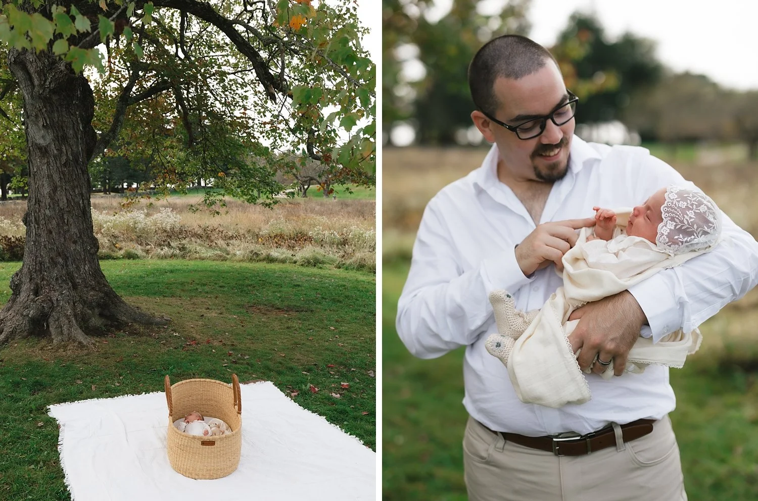 dad holds newborn daughter during family portraits in Topsmead State Forest