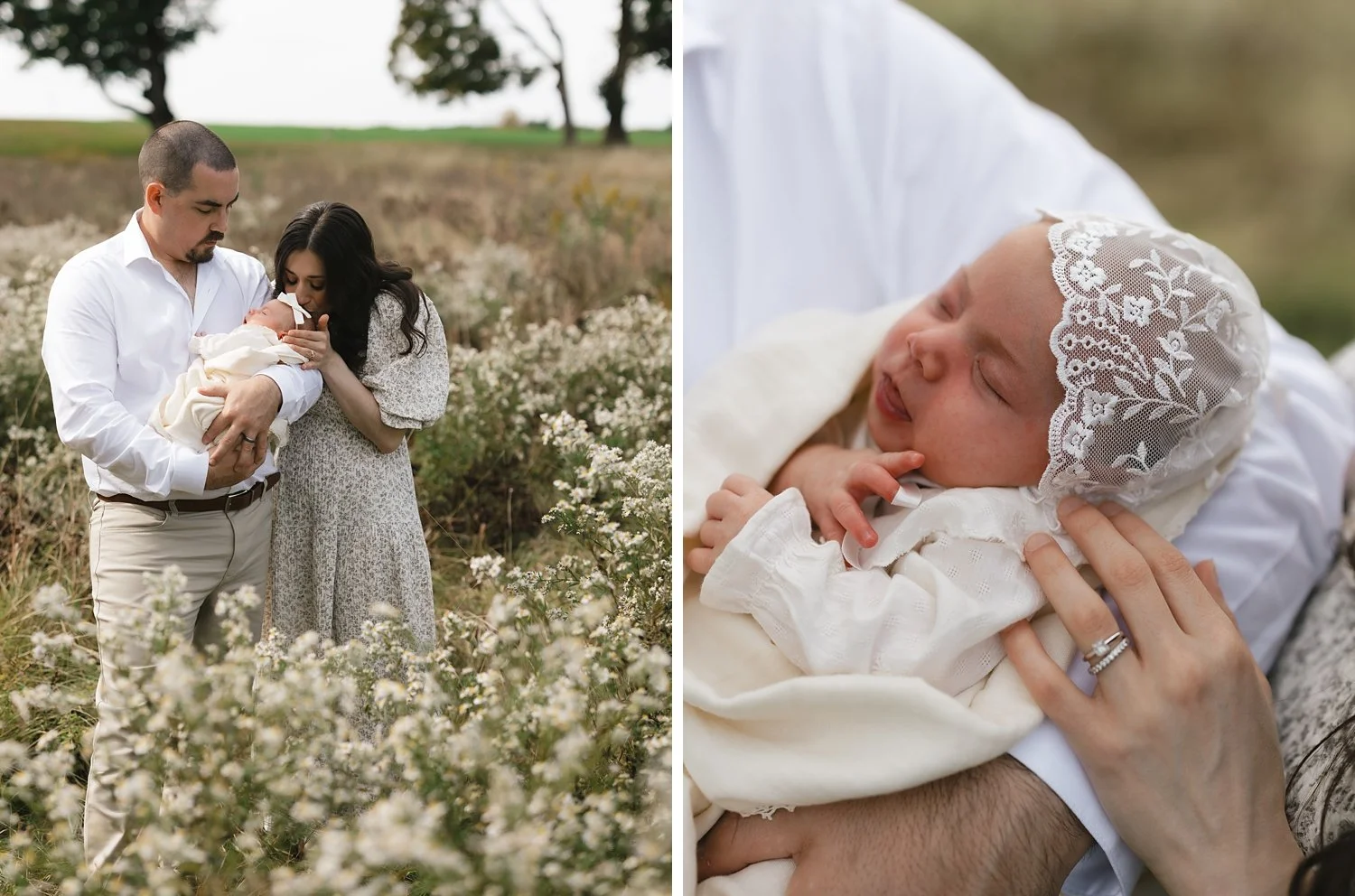 mother leans to kiss baby's head in lace bonnet