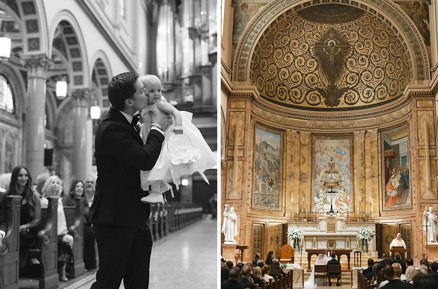 man kisses baby girl during wedding ceremony at Church of St. Ignatius Loyola