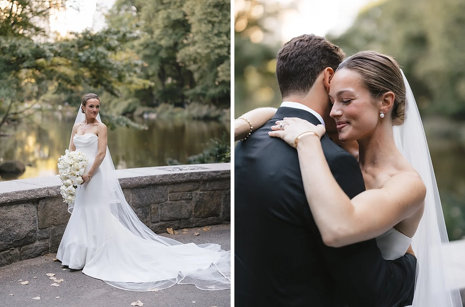 bride and groom hug together near pond and wall at Central Park