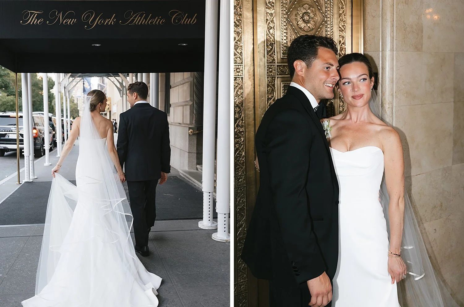 bride and groom walk by front of the New York Athletic Club