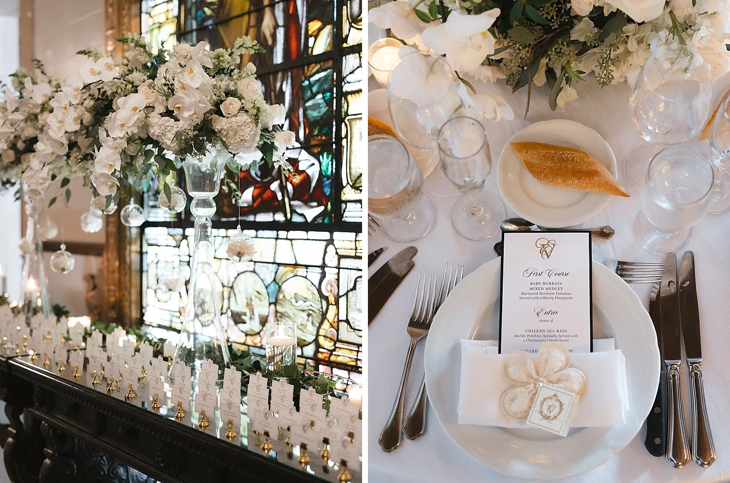 seating cards by stained glass window at the New York Athletic Club