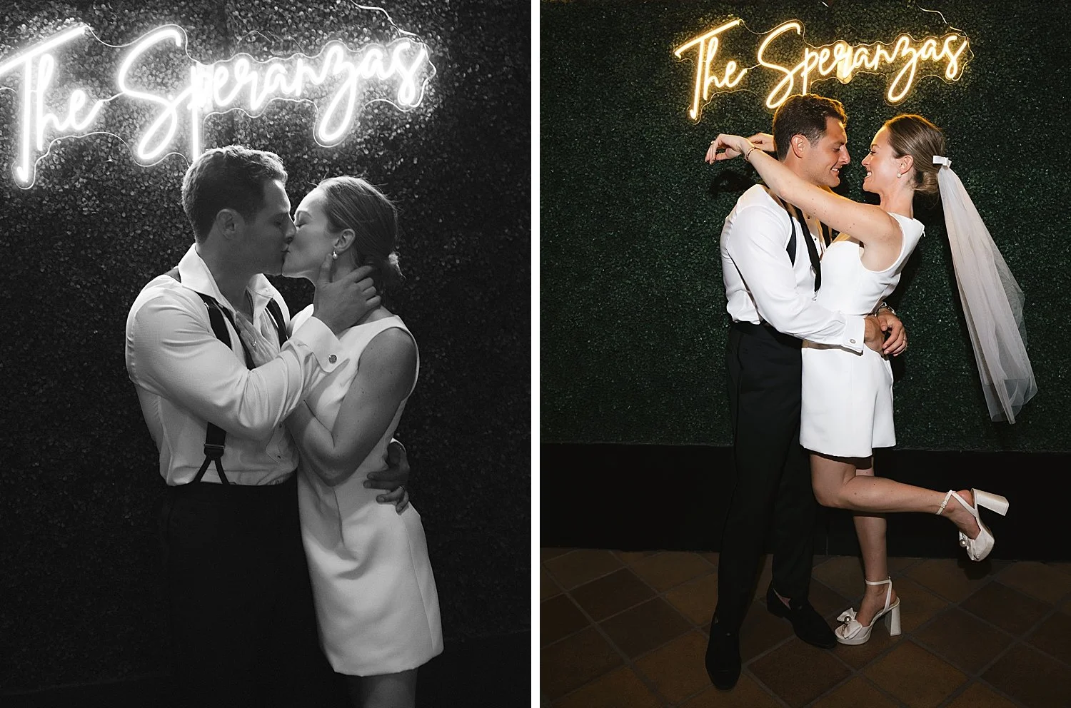 bride and groom kiss in front of custom neon sign