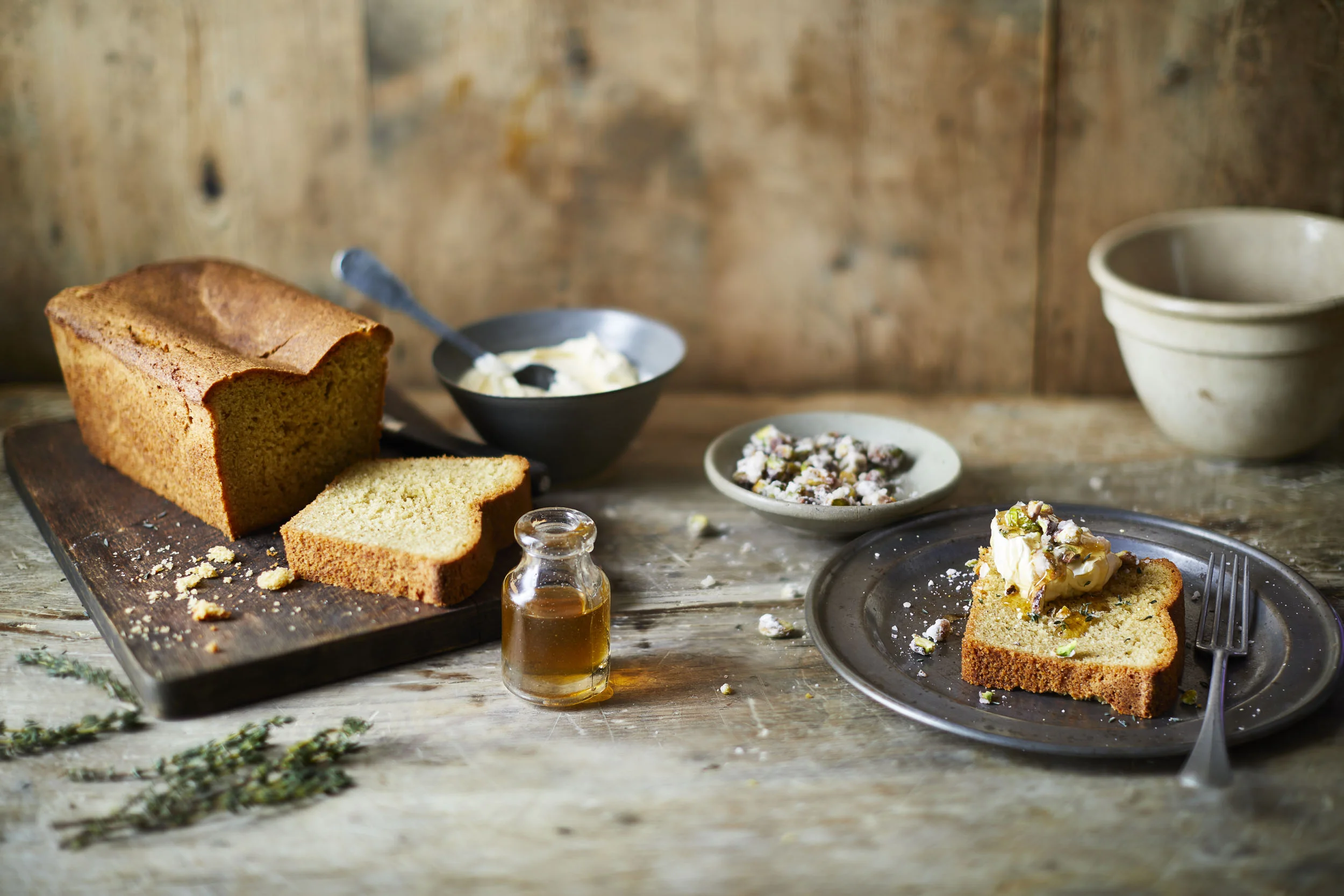 Pistachio sponge with honey thyme crème fraiche frosted
pistachios