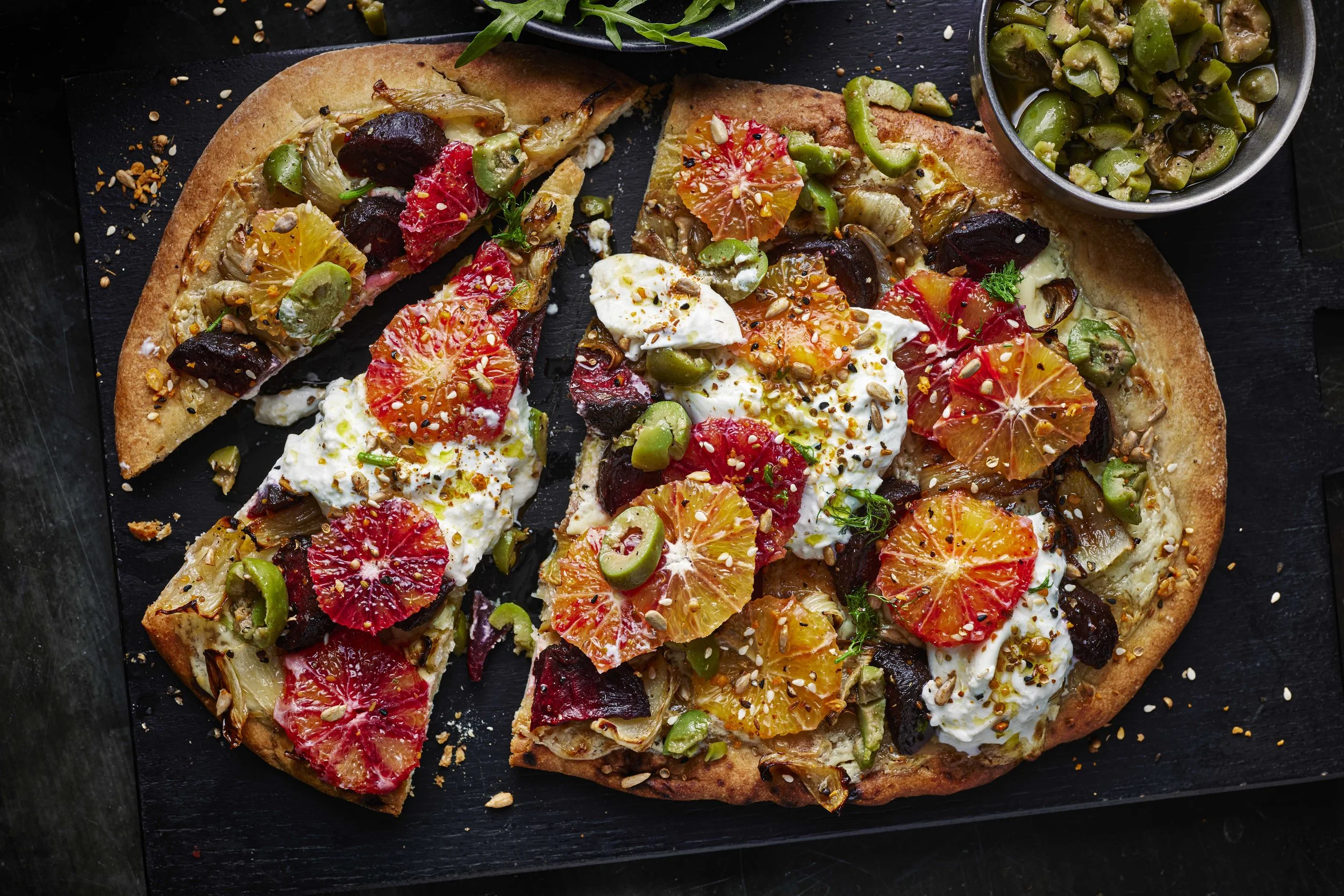 TOM REGESTER_07770600188_DARK_29413003,29100323_REC_Roasted fennel beetroot burrata dukkah flatbread pizza green olive dressing TR 2.jpg