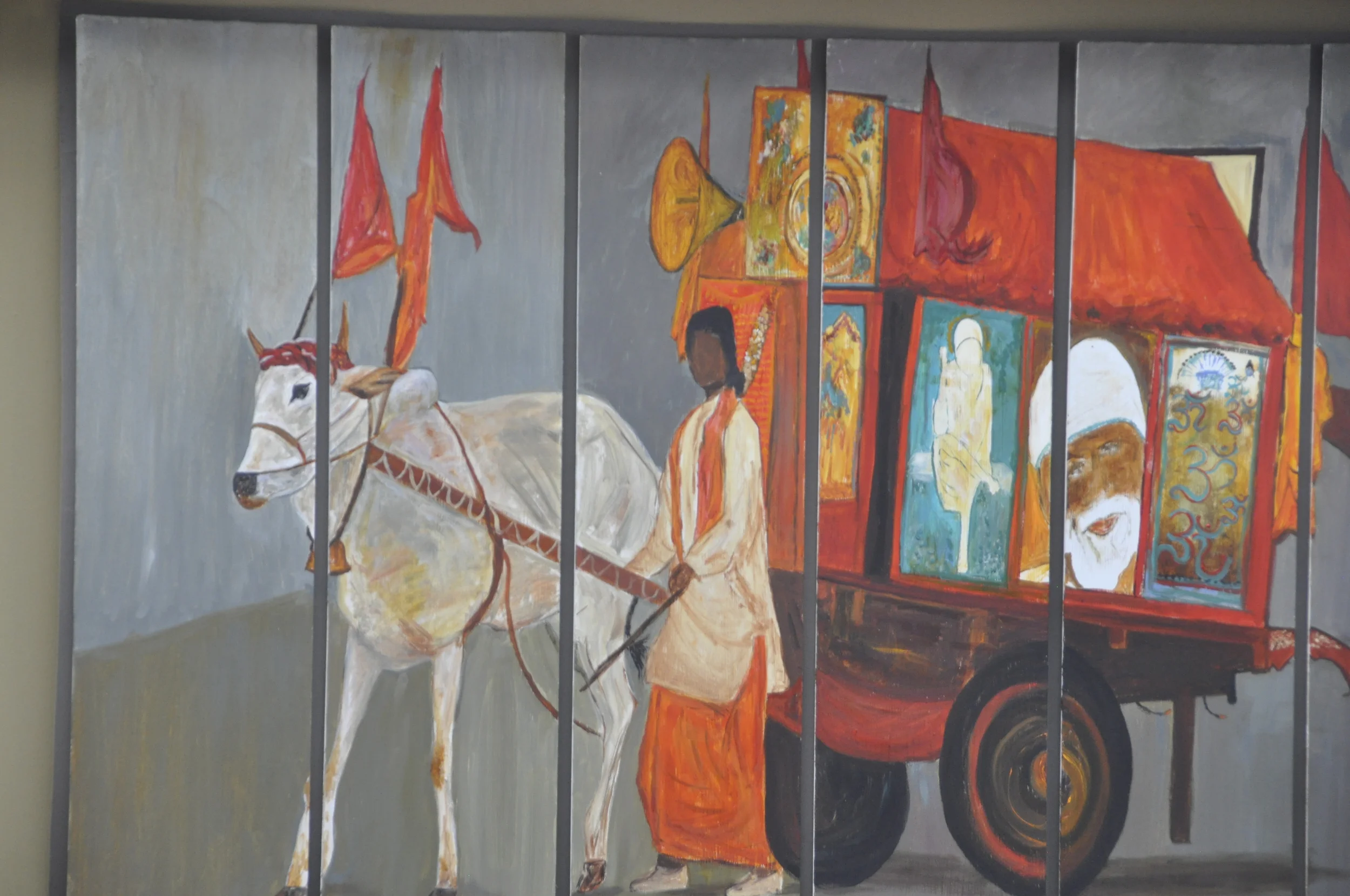 Holyman crossing a Delhi street  - oil on wood panels