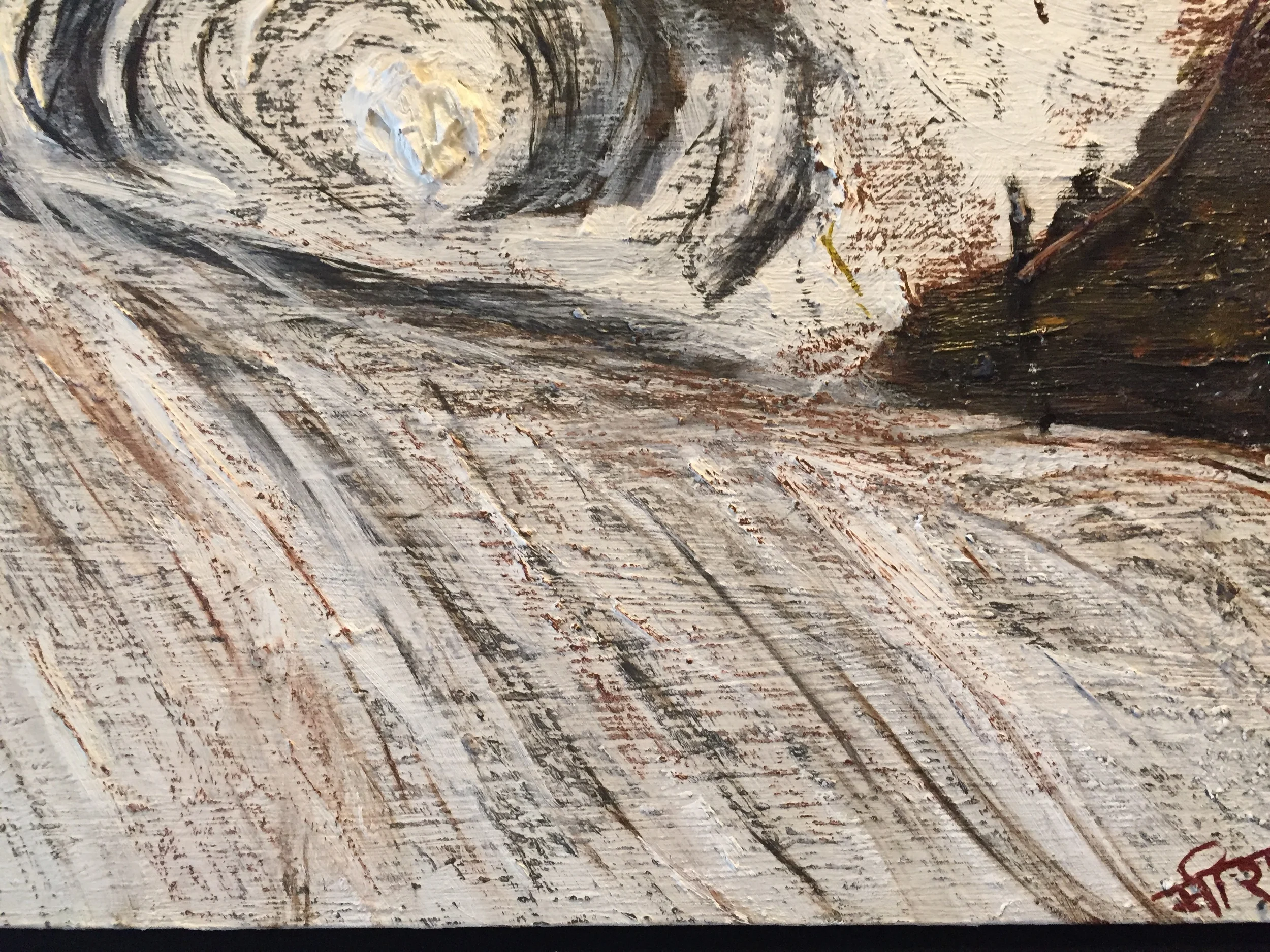 Water raaga 4, oil and twigs on bamboo, based on a photograph by D Perrault