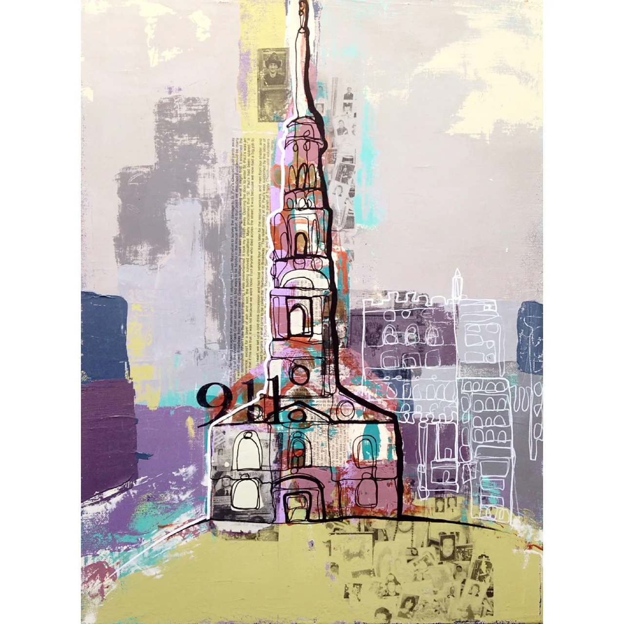 "A New York Story" acrylic on canvas with paint and gel medium image transfer. (12x16)
