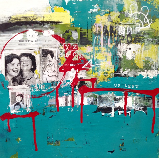 "Leaving Traces" mixed media on canvas with gel medium image transfer (12x12)