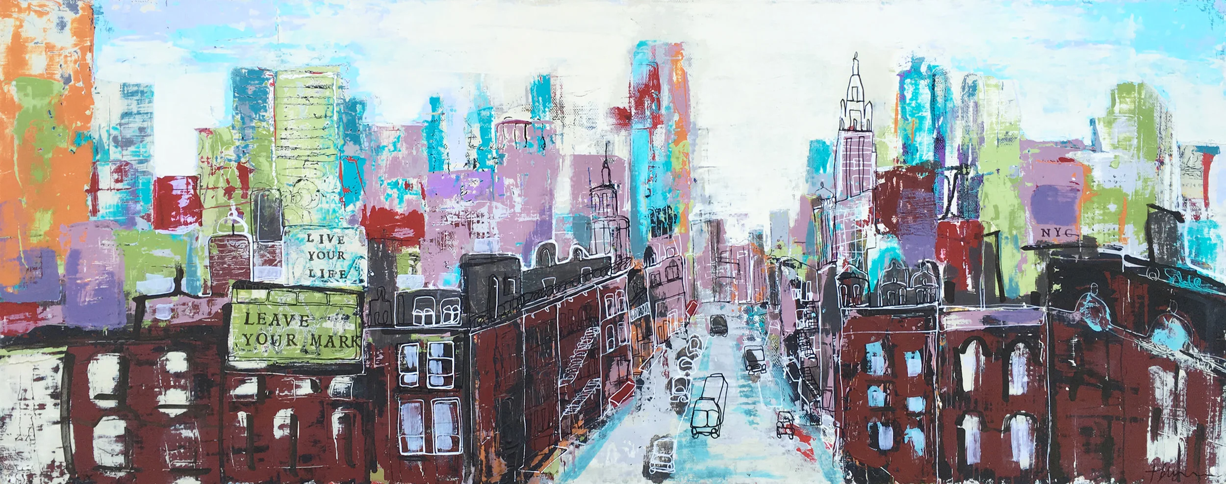 New York City Skyline (acrylic and ink on canvas 12x30)