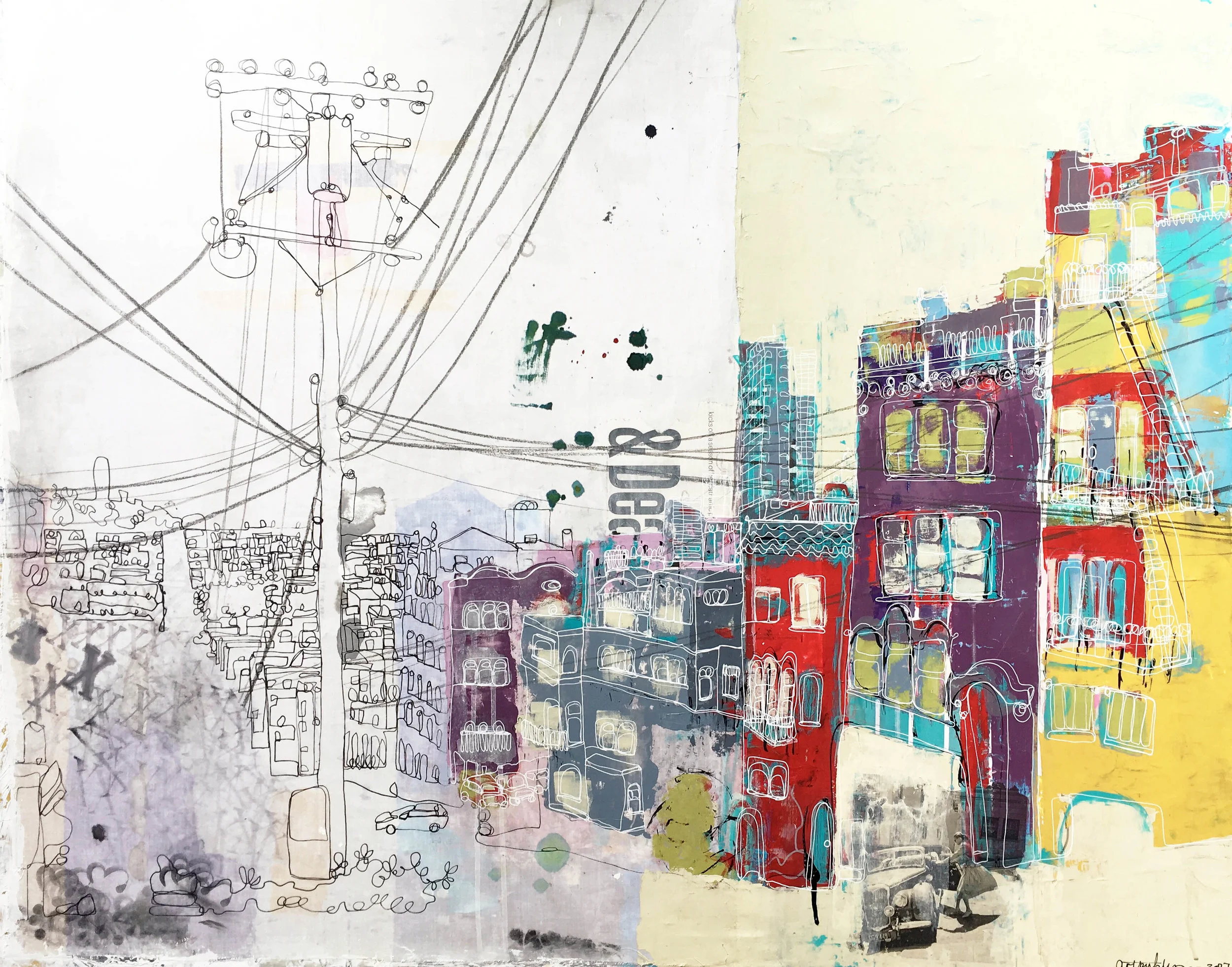 San Francisco View from Russian Hill 30x40" (recycled fabric, acrylic paint and inks)