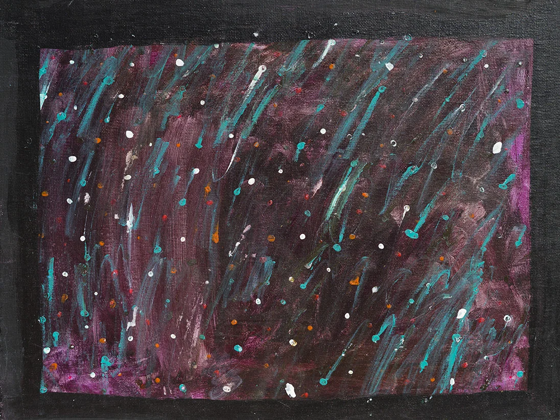 Abstract painting with dark background, streaks of blue and white, and small dots of white, orange, and red.