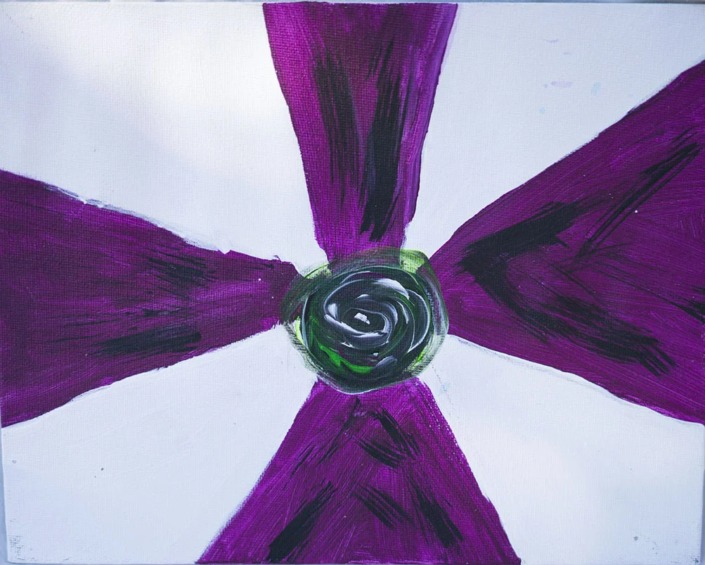 Abstract painting with four purple and black brushstrokes radiating from a central black and green swirl on a white background.