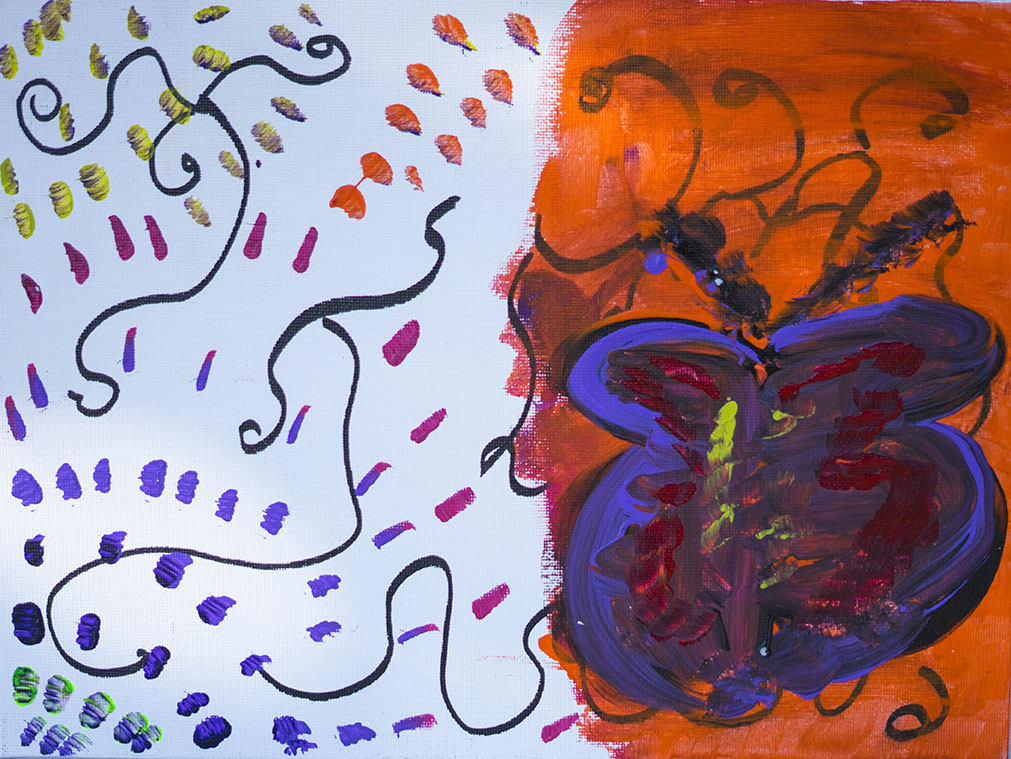 An abstract painting with colorful scribbles, dots, and swirls on a canvas. The right side features a large purple and red butterfly-like shape against an orange background, while the left side has black lines and various colored dots on a white back