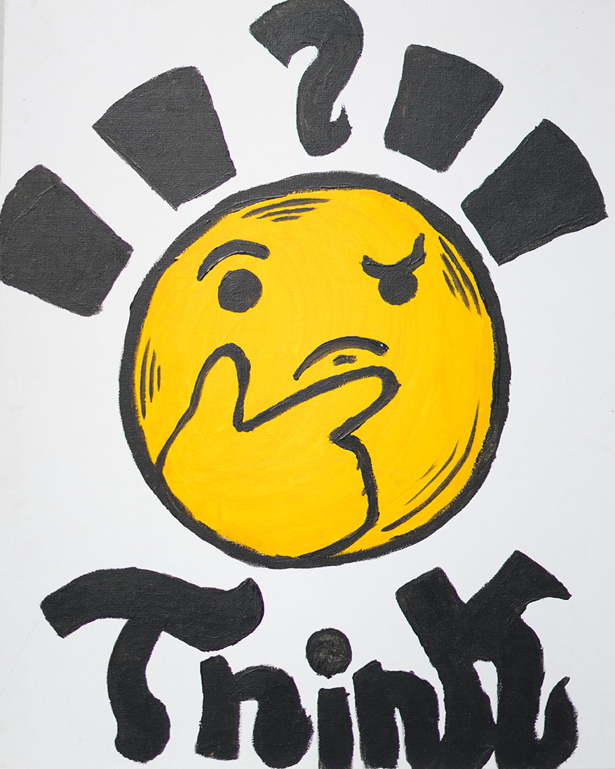 A yellow emoji with a thinking face, hand on chin and a furrowed brow, surrounded by large black question marks and the words 'Think'.