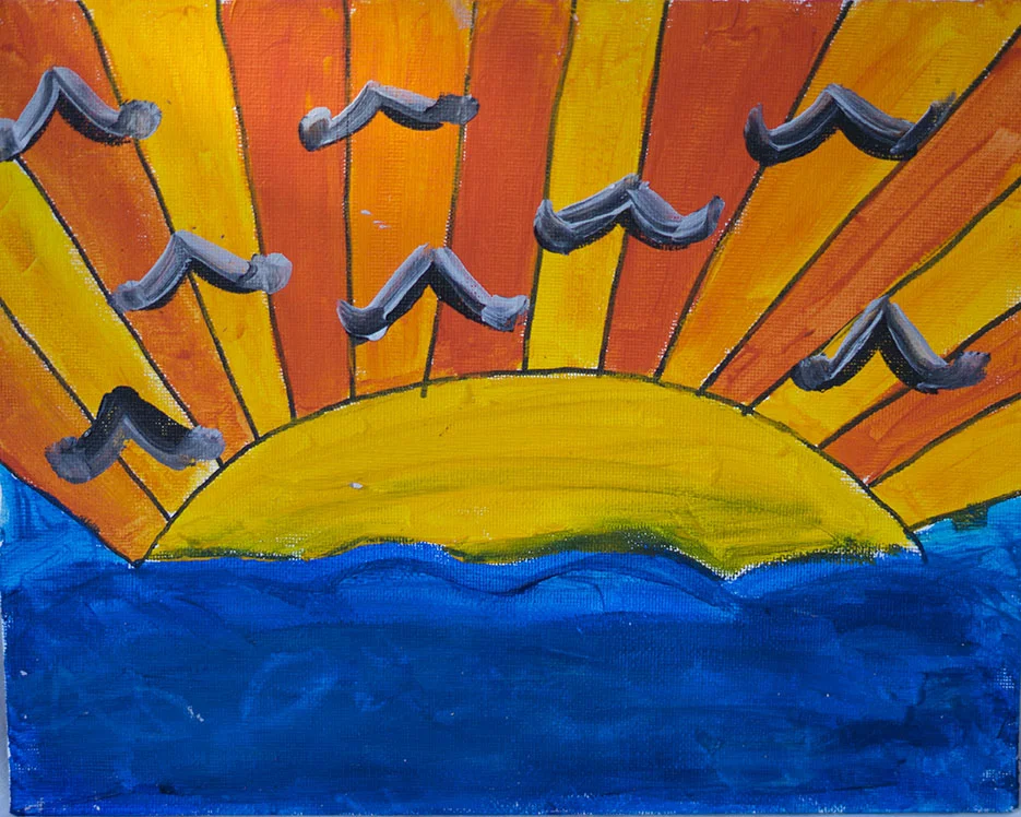 A vibrant painting of a sunset with orange and yellow rays over blue water, with black mustaches on the rays.