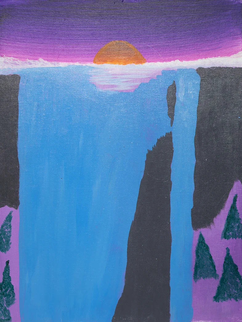 Painting of a sunset over a waterfall with purple sky and dark rocky cliffs on either side.