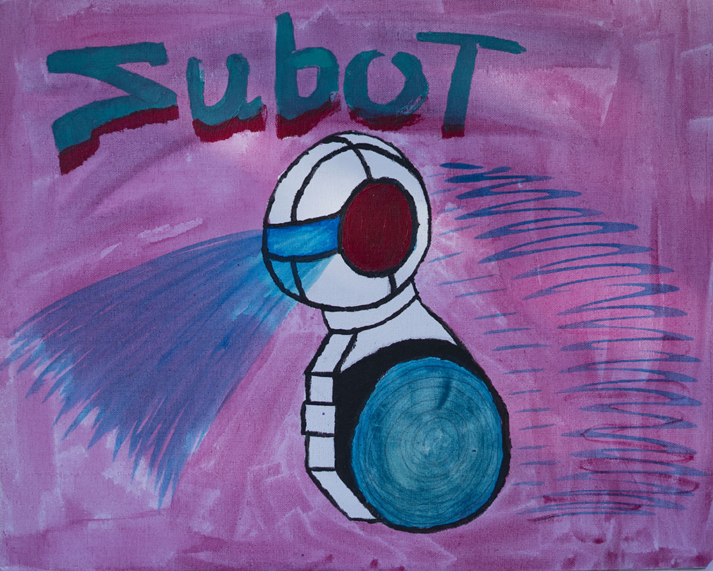 Painted image of a robot with the word 'Subot' written above it on a pink background. The robot has a round head with a blue visor and red ear, and a round body with a blue spiral pattern.