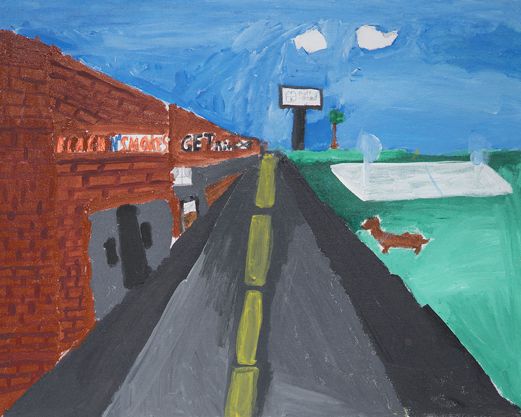 A painted image of a sidewalk leading past a brick building on the left, with a smoke shop sign, and a grassy area with a dog on the right, under a blue sky with clouds.