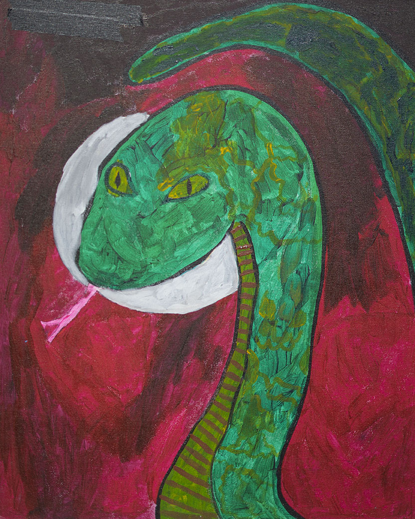 A colorful painting of a green snake wearing a white Santa hat, against a red background.