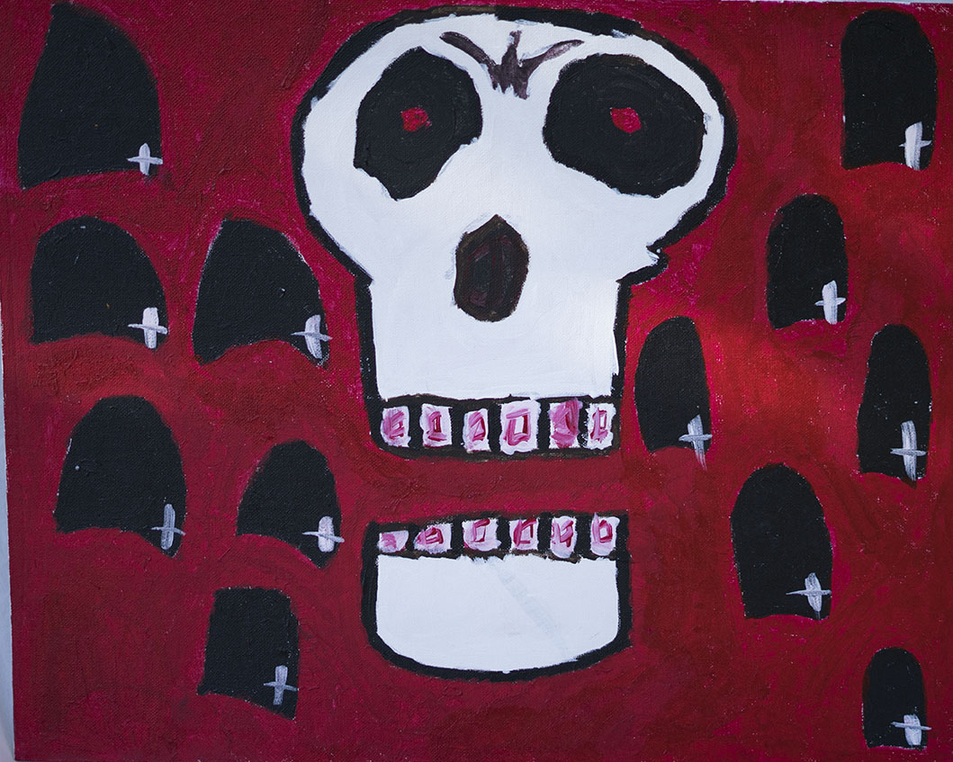 Artwork depicting a skull with hollow black eye sockets and a nose cavity, outlined in black, on a red background with multiple smaller black skulls with white crosses. The eyes contain red dots, and the teeth are outlined with pink squares.