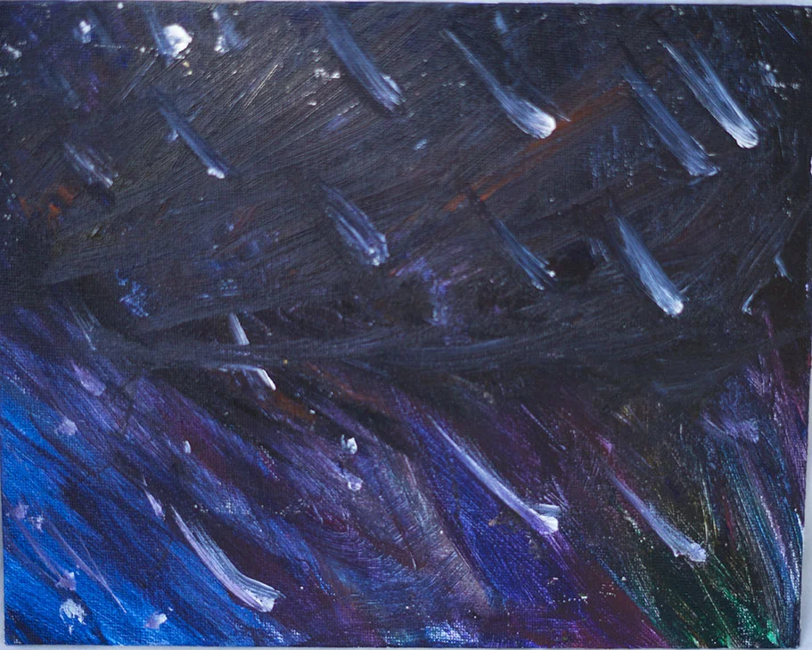 Abstract painting with dark blue, black, purple, and white streaks and splatters, resembling a night sky or storm.