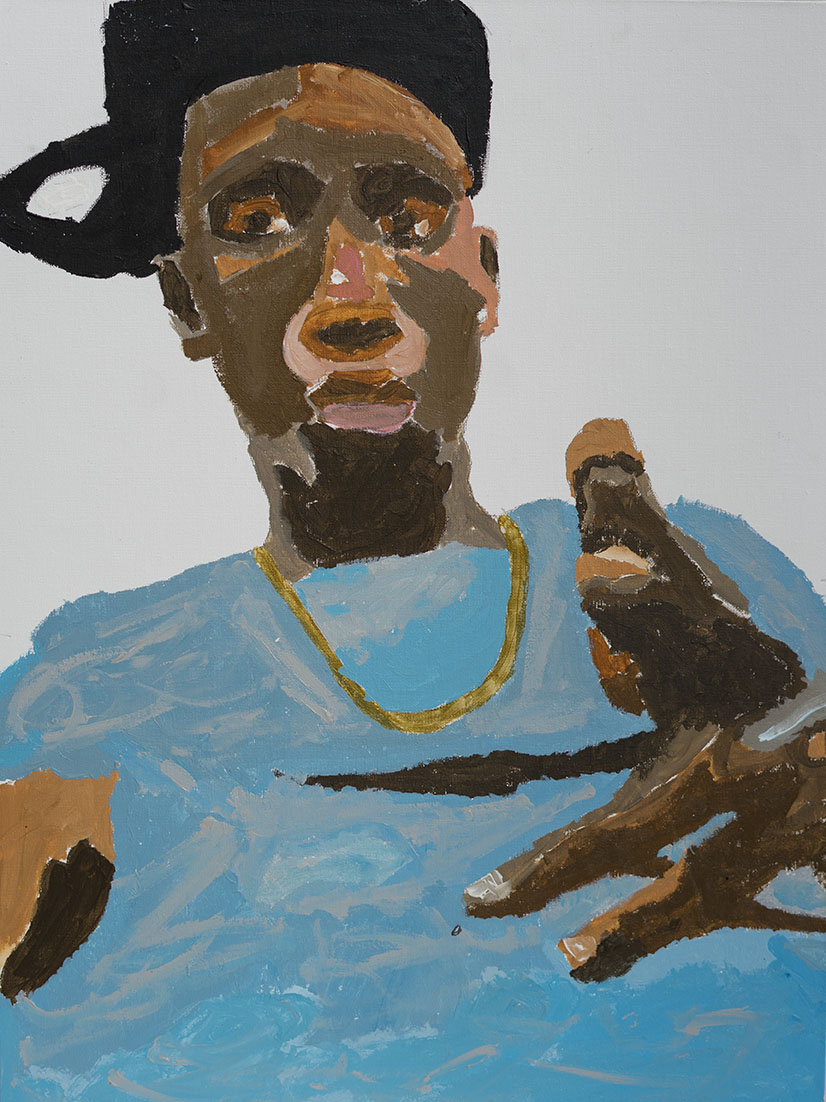 A stylized portrait of a person with dark skin wearing a blue shirt, a gold chain, and a black head covering. The person has a beard, and is making a gesture with their right hand pointing towards the viewer. The image has an abstract, painting-like 