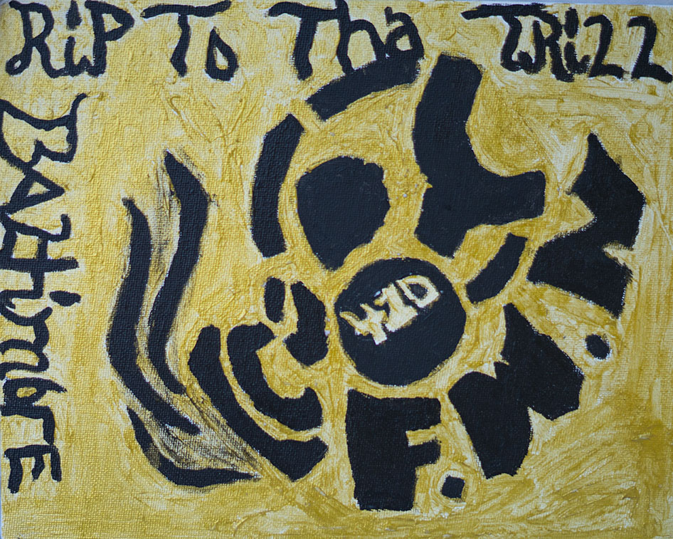 A painting on a yellow background with black spray paint showing a stylized skull with a spiraling pattern inside it. The words 'RIP to the TRIZZ' are written at the top, and 'BEYOND' is on the left side.