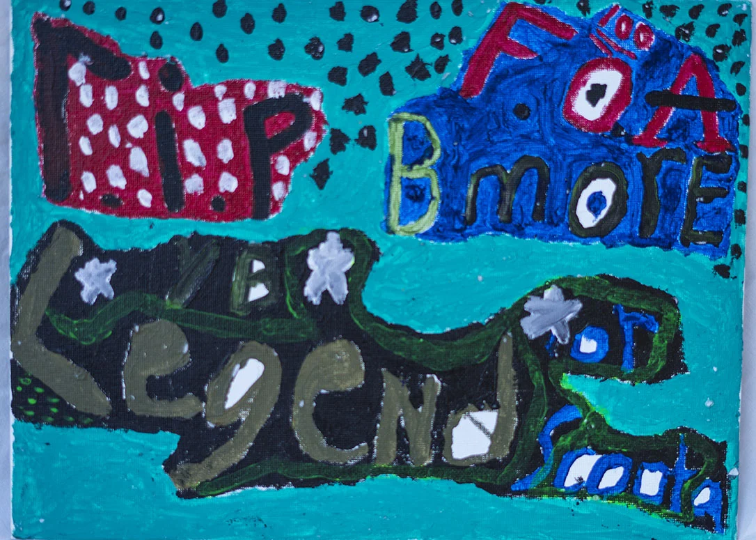 A colorful, abstract painting featuring phrases like "HIP," "B MOVE," "20," "ROCK," and "CATA" with various shapes and patterns on a blue background.